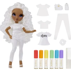 RAINBOW HIGH BABY born - Muñeca Fashion DIY colorear y crear - ojos morados, pelo rizado, top y zapatos extra, rotuladores arcoiris