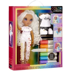RAINBOW HIGH BABY born - Muñeca Fashion DIY colorear y crear - ojos morados, pelo rizado, top y zapatos extra, rotuladores arcoiris