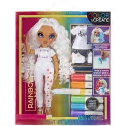 RAINBOW HIGH BABY born - Muñeca Fashion DIY colorear y crear - ojos morados, pelo rizado, top y zapatos extra, rotuladores arcoiris