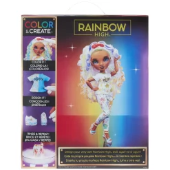 RAINBOW HIGH BABY born - Muñeca Fashion DIY colorear y crear - ojos morados, pelo rizado, top y zapatos extra, rotuladores arcoiris