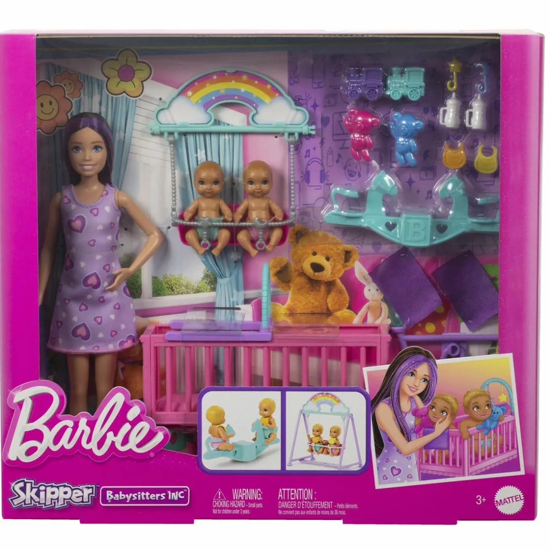 MATTEL Barbie - Muñeca Skipper canguro con gemelos y accesorios