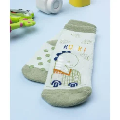 Prenatal Calcetines antideslizantes de niño verdes con dinosaurio
