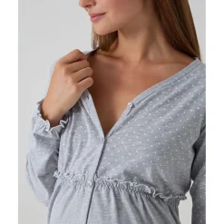 Prenatal Camisa de noche premamá gris con lunares y volantes