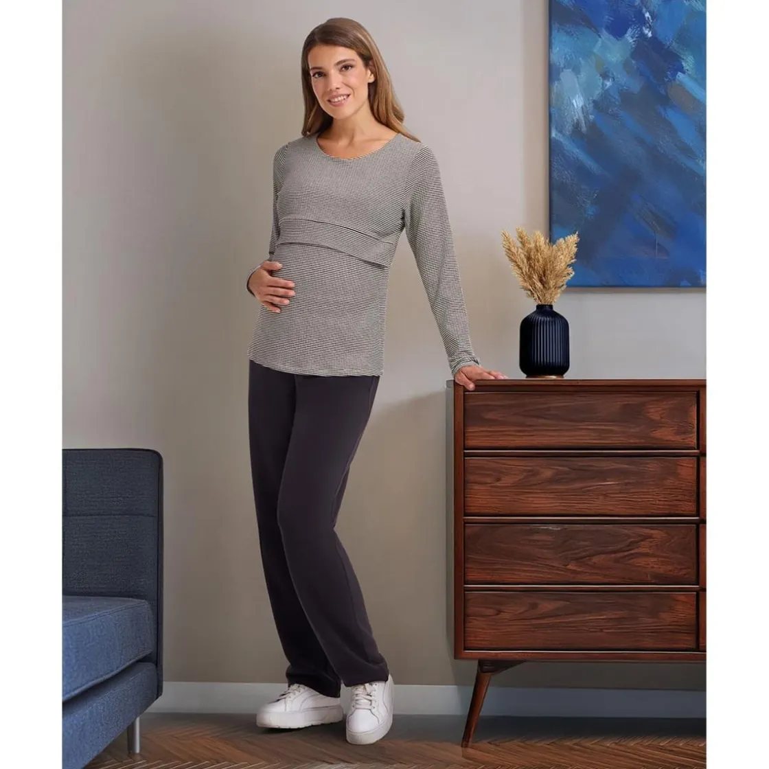 Prenatal Camiseta premamá de lactancia negro y beige a rayas