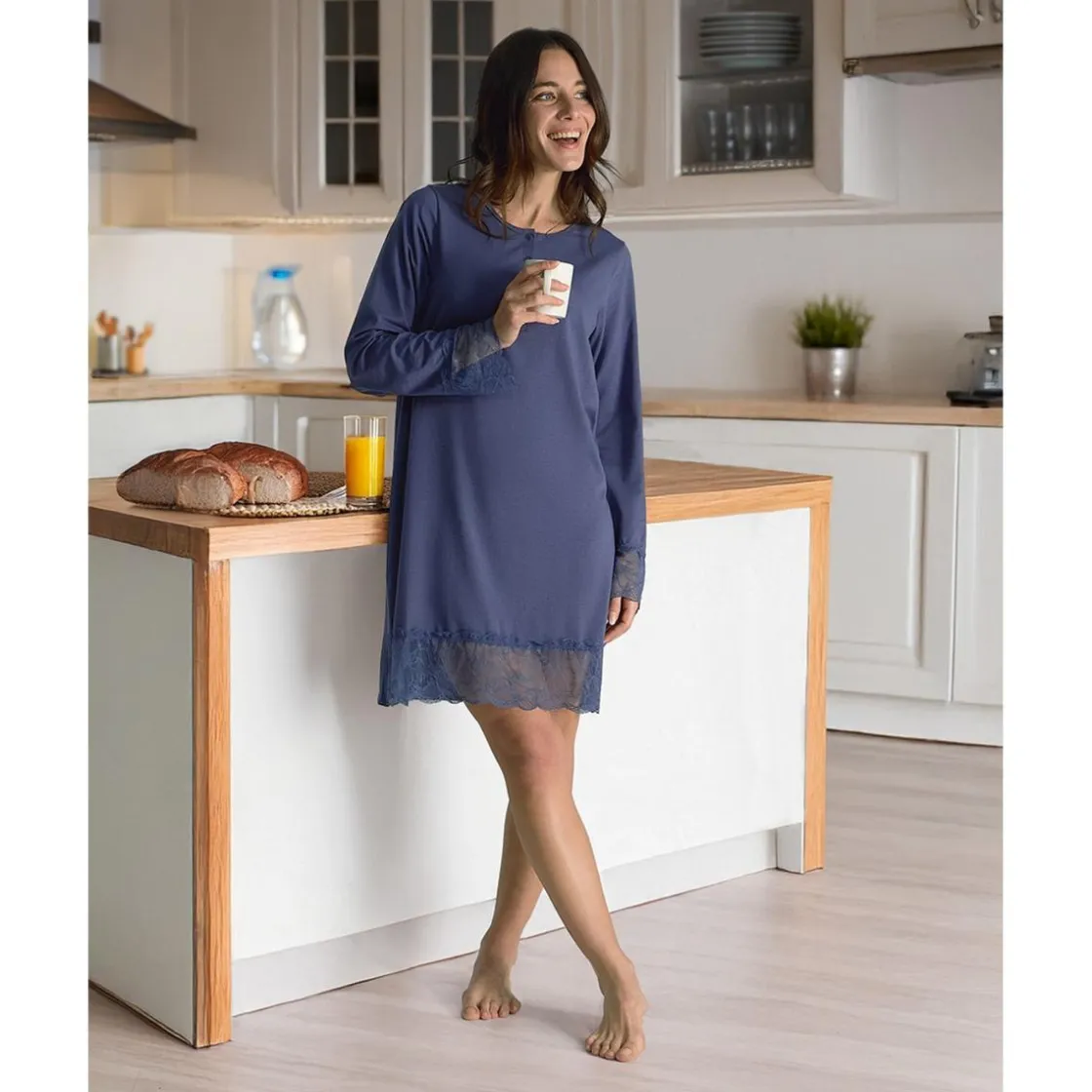 Prenatal Camisón de maternidad para lactancia azul con encaje