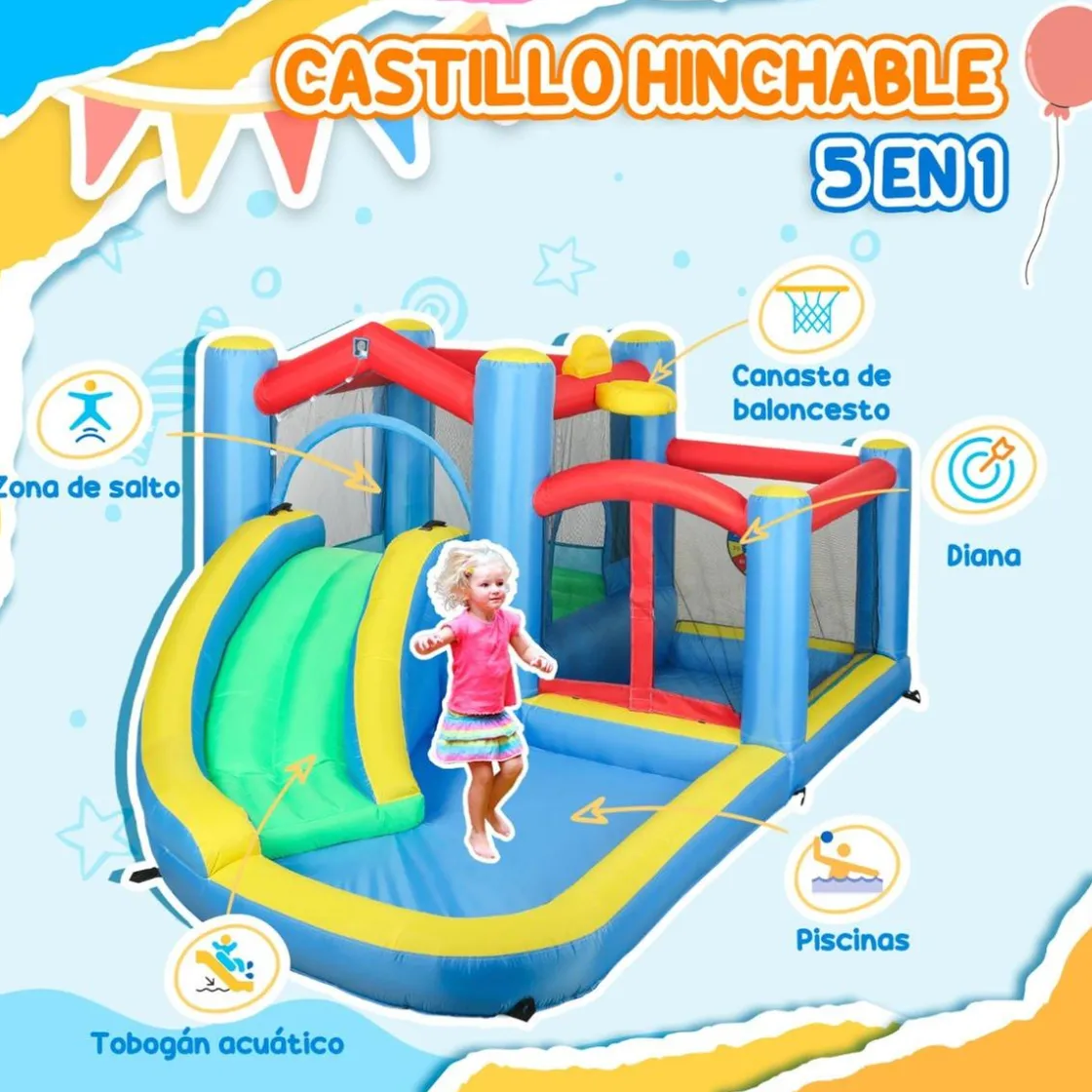 AIYAPLAY Castillo inflable 5 en 1 con tobogán y piscinas* Castillos Hinchables