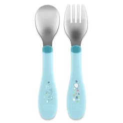 CHICCO - Set de Cubiertos Acero Inoxidable 18M - Azul* Preparación Comida Y Accesorios·Platos Y Cubiertos Infantiles