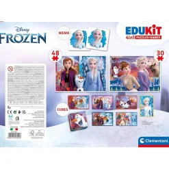 CLEMENTONI - Frozen - Edukit 4 en 1: Puzzle de 48 piezas, juego de memoria y 6 cubos educativos ㅤ