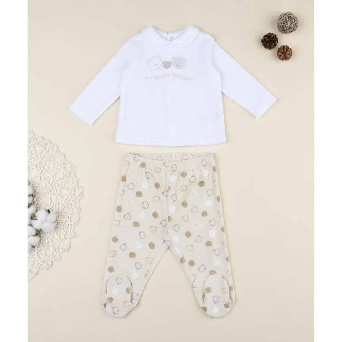 Prenatal Conjunto 2 piezas de bebé en terciopelo blanco y beige con ositos* Recién Nacido·Ropa Y Accesorios|Ropa Y Accesorios·Conjuntos