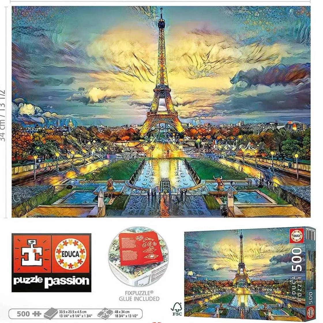 EDUCA BORRAS - Puzzle 500 piezas Torre Eiffel: montaje y cola Fix incluidos ㅤ