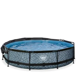 Exit Toys Exit - Piscina Stone efecto piedra gris diámetro 360 x 76 cm con filtro y toldo negro