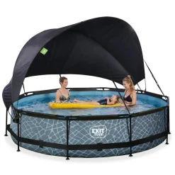 Exit Toys Exit - Piscina Stone efecto piedra gris diámetro 360 x 76 cm con filtro y toldo negro