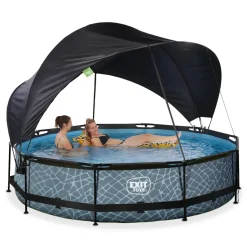 Exit Toys Exit - Piscina Stone efecto piedra gris diámetro 360 x 76 cm con filtro y toldo negro