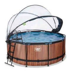 Exit Toys Exit - Piscina Wood efecto madera marrón diámetro 360 x 122 cm con filtro de arena, cúpula transparente y bomba de calor