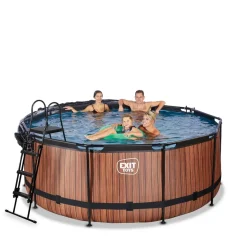 Exit Toys Exit - Piscina Wood efecto madera marrón diámetro 360 x 122 cm con filtro de arena, cúpula transparente y bomba de calor