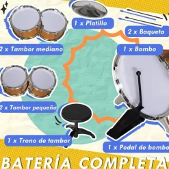 AIYAPLAY Homcom - Batería infantil 6 piezas con taburete Dorado* Música|Electrónicos