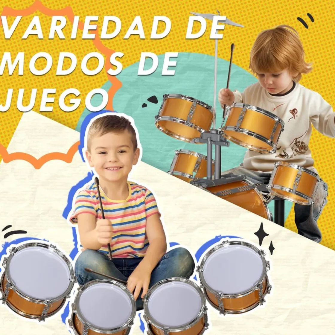 AIYAPLAY Homcom - Batería infantil 6 piezas con taburete Dorado* Música|Electrónicos