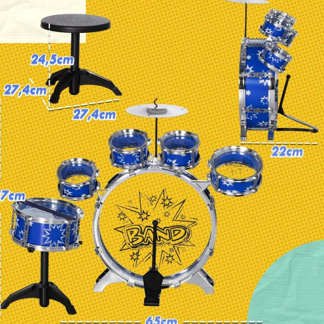 AIYAPLAY Homcom - Batería infantil 7 piezas con taburete Azul* Música|Electrónicos