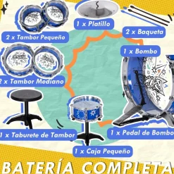 AIYAPLAY Homcom - Batería infantil 7 piezas con taburete Azul* Música|Electrónicos