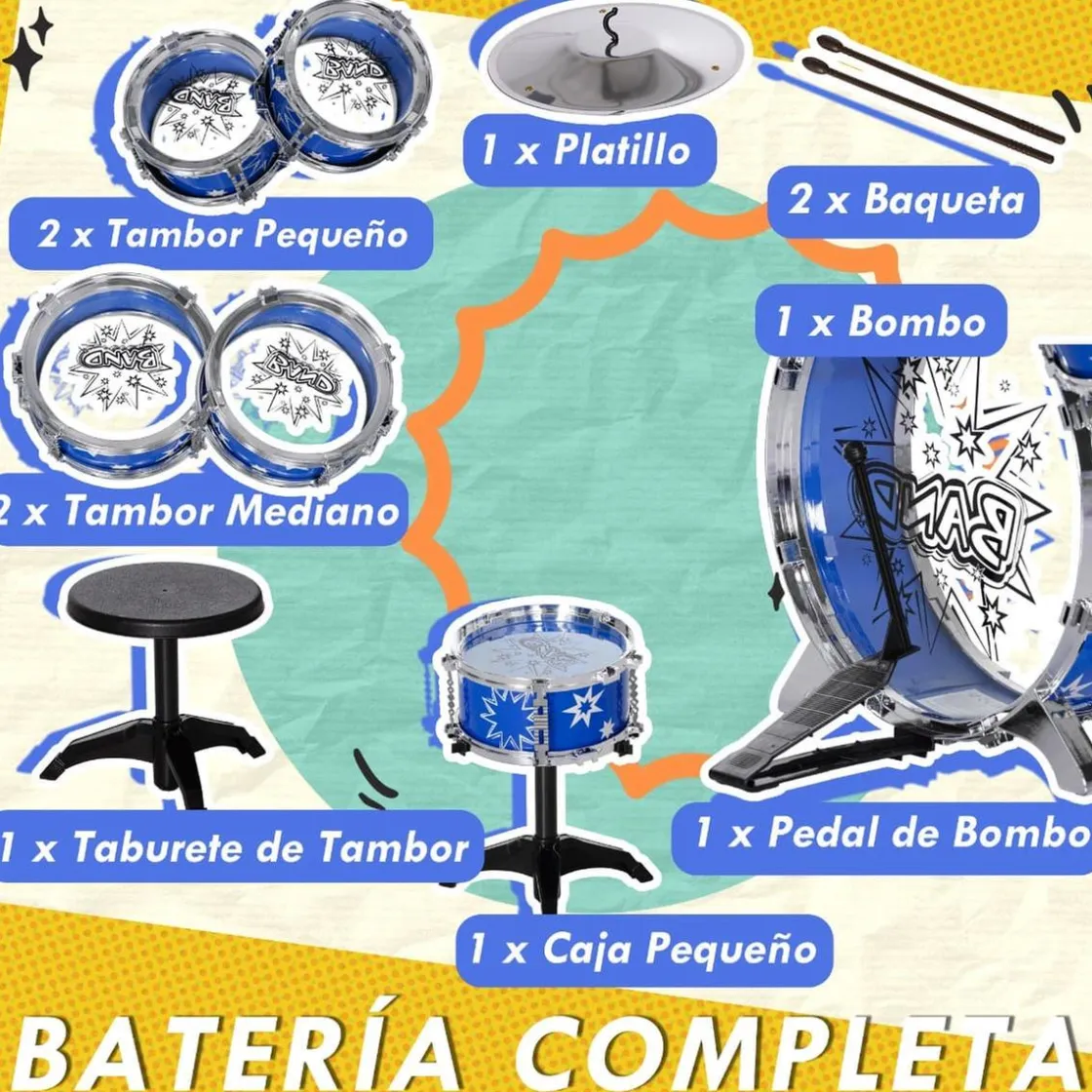 AIYAPLAY Homcom - Batería infantil 7 piezas con taburete Azul* Música|Electrónicos