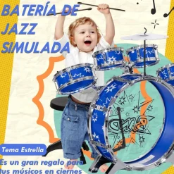 AIYAPLAY Homcom - Batería infantil 7 piezas con taburete Azul* Música|Electrónicos