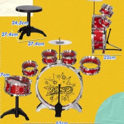 AIYAPLAY Homcom - Batería infantil 7 piezas con taburete Rojo* Música|Electrónicos