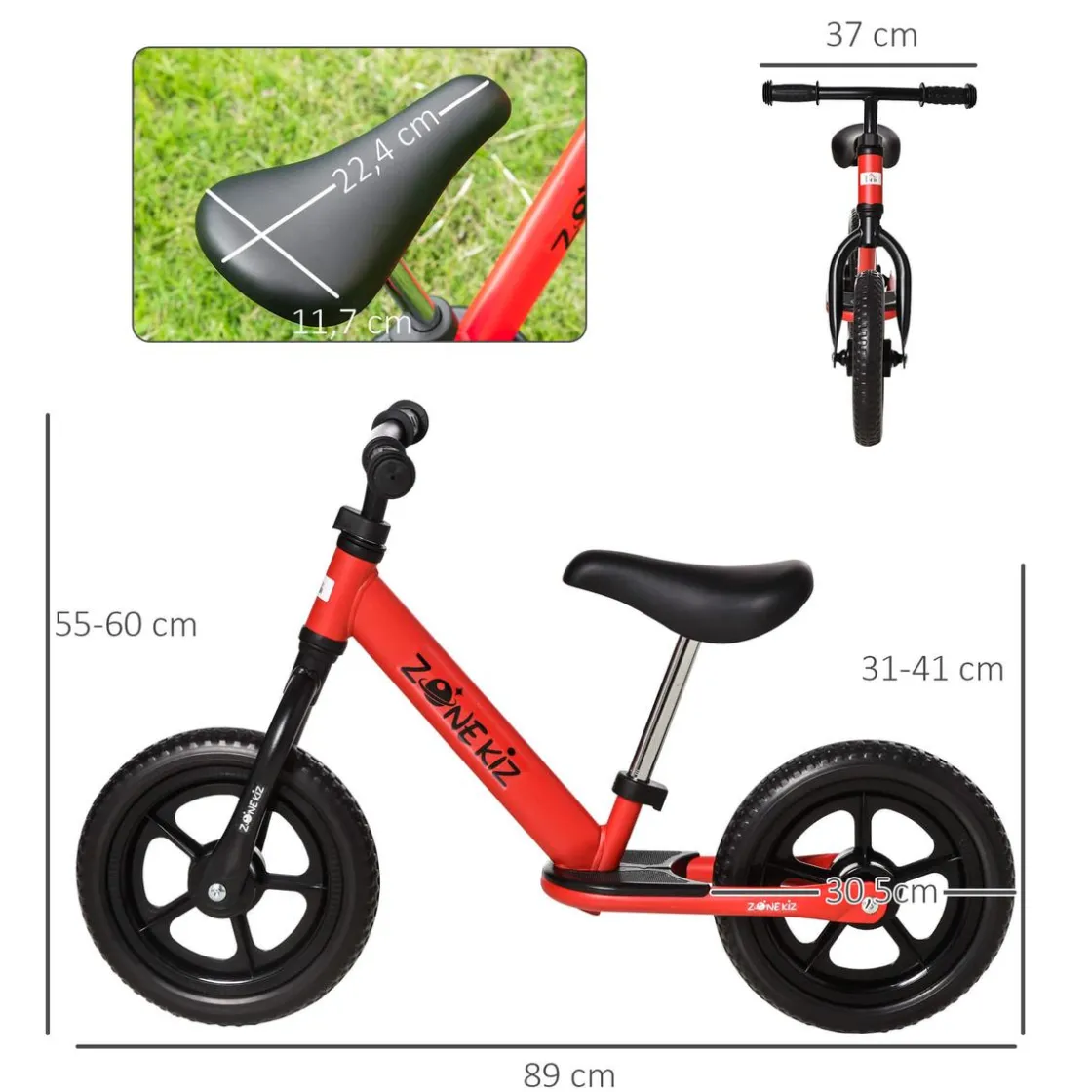 Homcom - Bicicleta de equilibrio regulable sin pedales roja