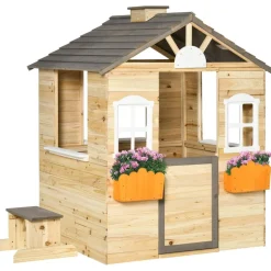 Homcom - Casita de jardín de madera con maceteros y banquito