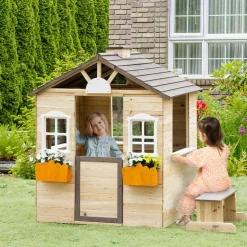 Homcom - Casita de jardín de madera con maceteros y banquito