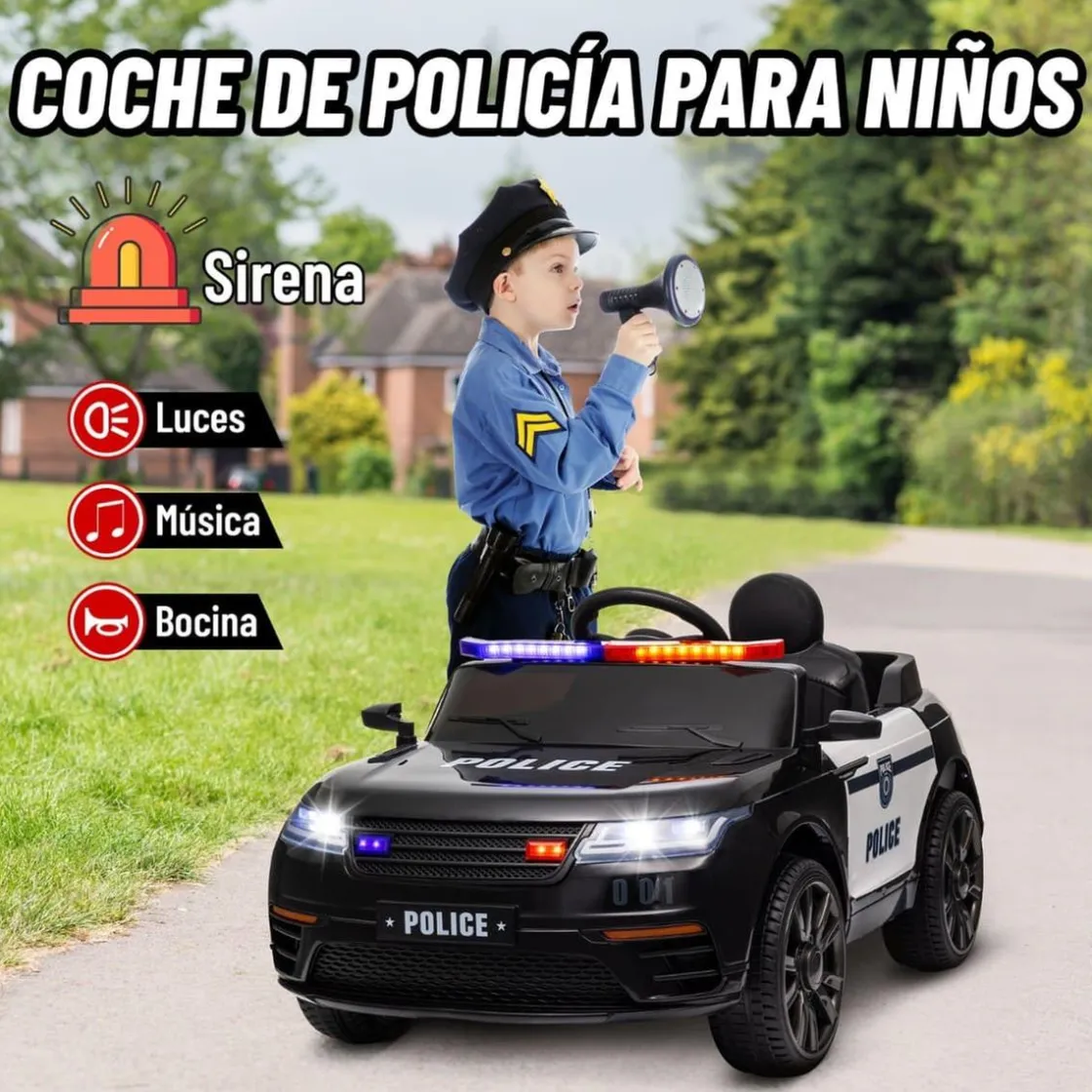 AIYAPLAY Homcom - Coche de policía eléctrico Negro* Vehículos De Batería O A Pedales