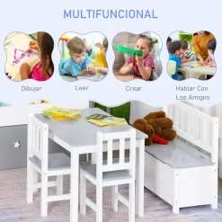 Homcom - Conjunto Infantil Mesa + Banco + 2 sillas madera