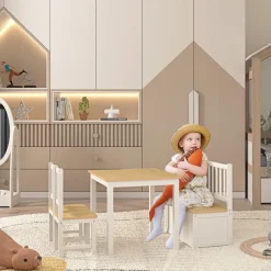 Homcom - Conjunto Mesa + Banco + 2 sillas infantiles Madera* Entretenimiento·Hamacas Y Columpios|Estilo De Vida