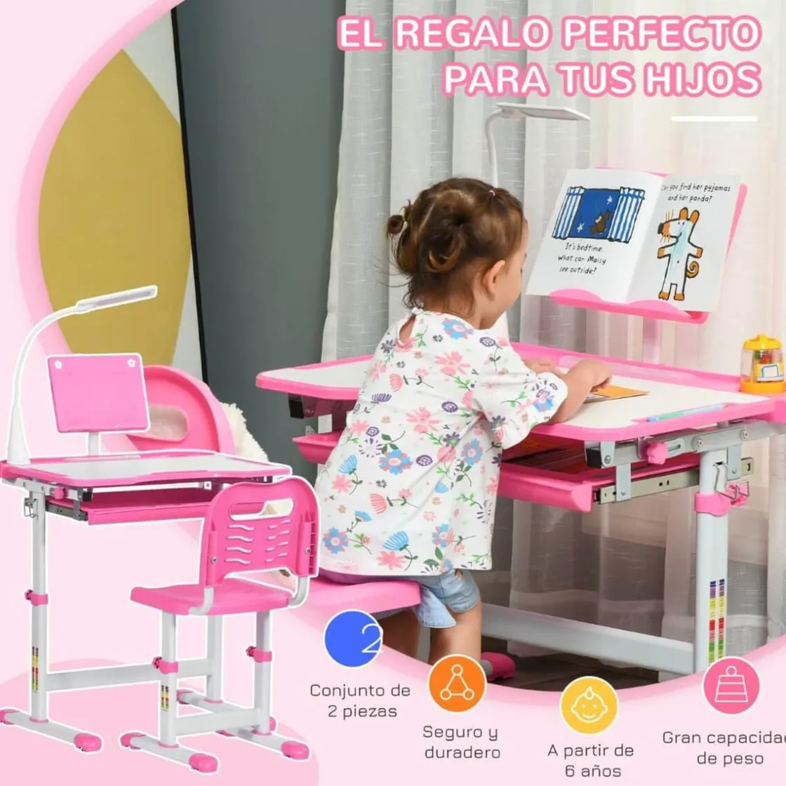 Homcom - Conjunto Pupitre reclinable + Silla Rosa* Estilo De Vida