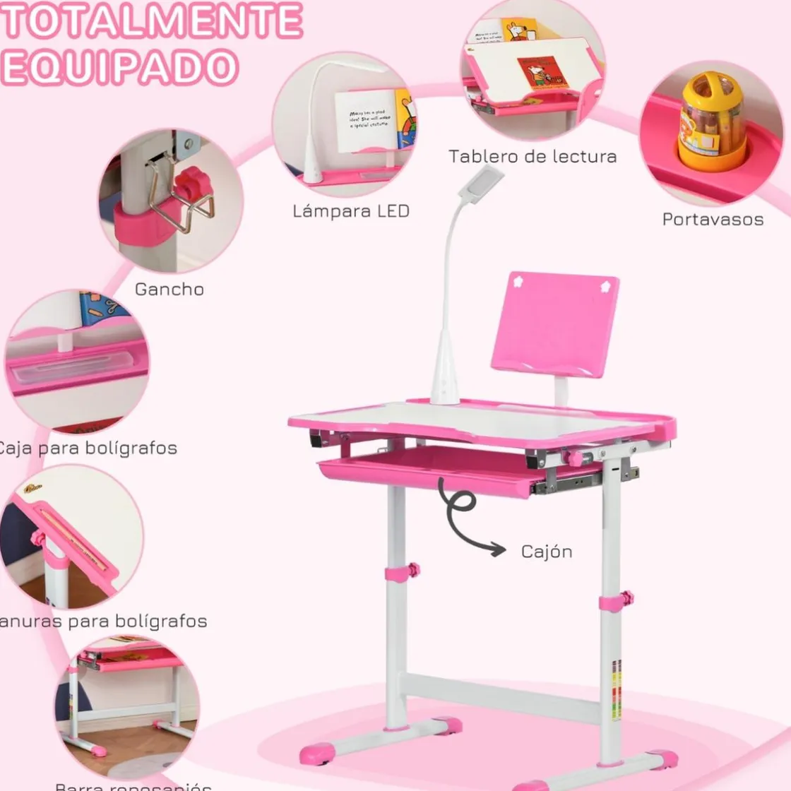 Homcom - Conjunto Pupitre reclinable + Silla Rosa* Estilo De Vida