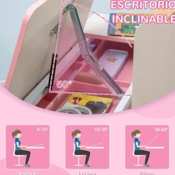 Homcom - Escritorio con estante y silla con altura ajustable Blanco y Rosa