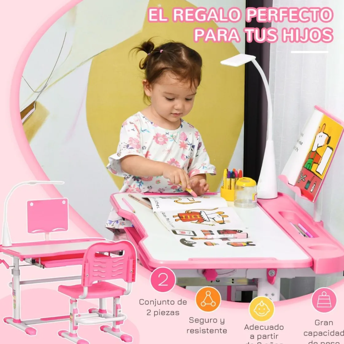 Homcom - Escritorio y silla ajustables Rosa
