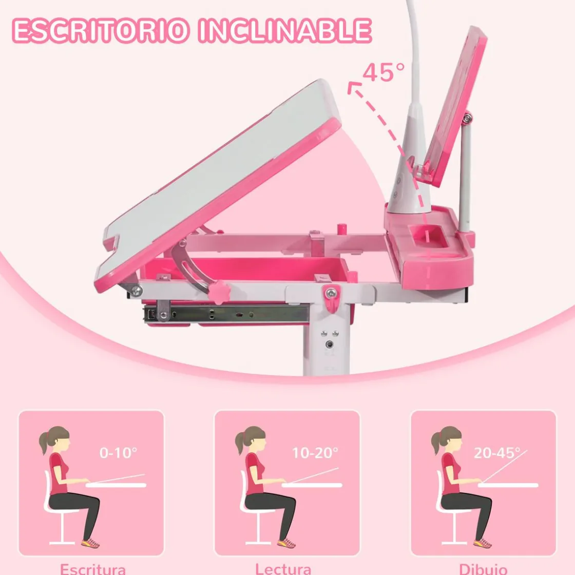 Homcom - Escritorio y silla ajustables Rosa