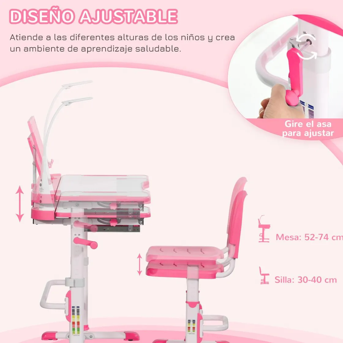 Homcom - Escritorio y silla ajustables Rosa