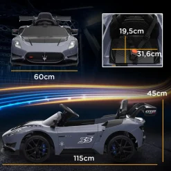 AIYAPLAY Homcom - Maserati GT2 eléctrico Gris con mando* Vehículos De Batería O A Pedales