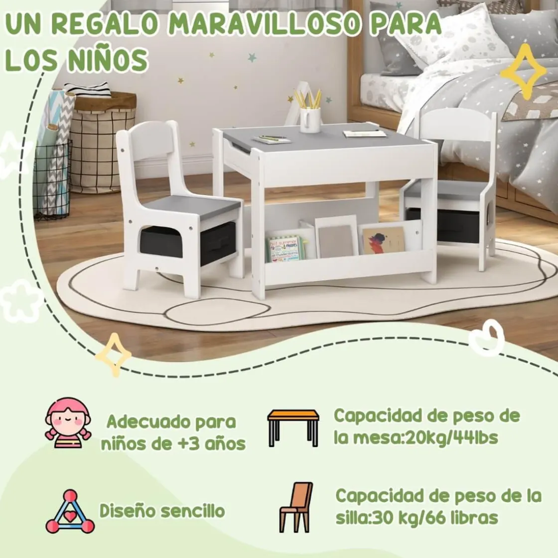 Homcom - Mesa + 2 sillas infantiles Blanco* Estilo De Vida