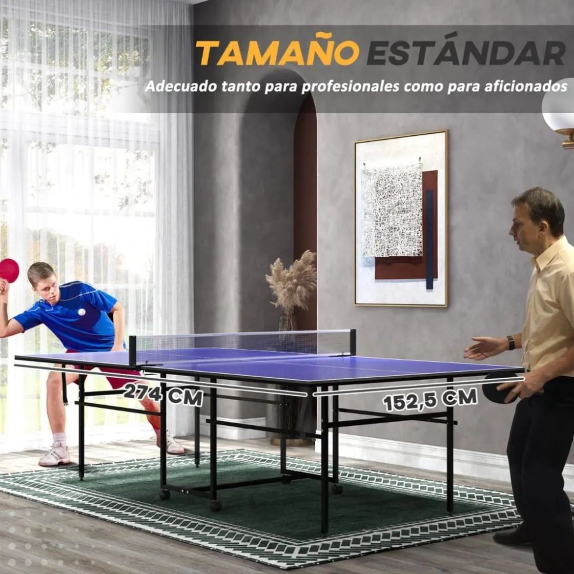 SPORTNOW Homcom - Mesa Ping Pong plegable con 4 ruedas