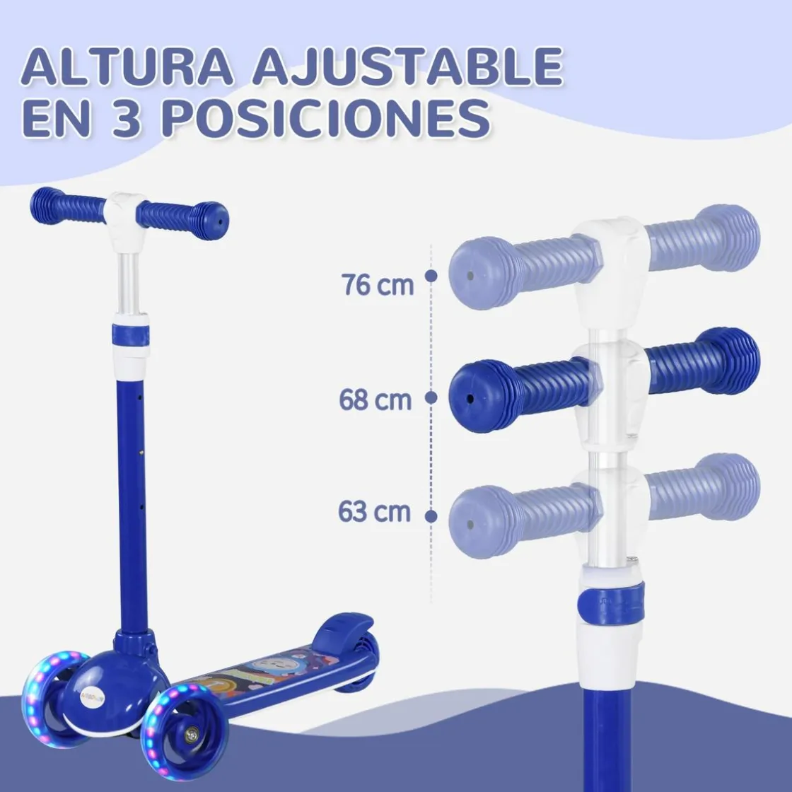 AIYAPLAY Homcom - Patinete Tri-scooter Azul con luces