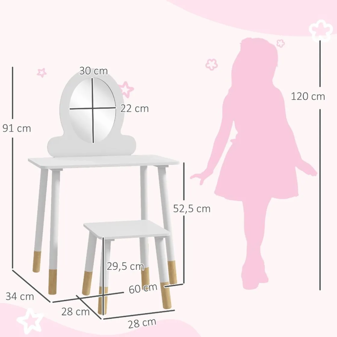 AIYAPLAY Homcom - Tocador básico con espejo y taburete madera Blanco
