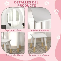 AIYAPLAY Homcom - Tocador básico con espejo y taburete madera Blanco