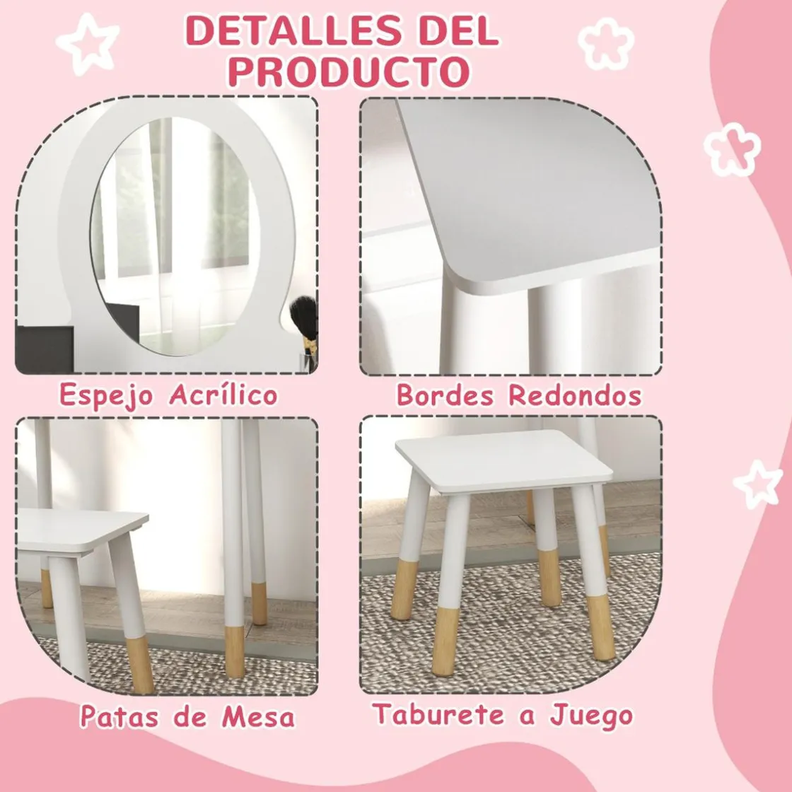 AIYAPLAY Homcom - Tocador básico con espejo y taburete madera Blanco