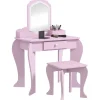 ZONEKIZ Homcom - Tocador infantil con espejo y taburete madera Rosa* Muñecas