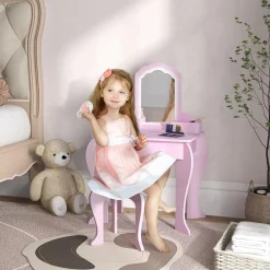 ZONEKIZ Homcom - Tocador infantil con espejo y taburete madera Rosa* Muñecas