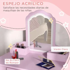 ZONEKIZ Homcom - Tocador infantil con espejo y taburete madera Rosa* Muñecas