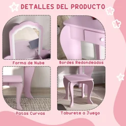 ZONEKIZ Homcom - Tocador infantil con espejo y taburete madera Rosa* Muñecas