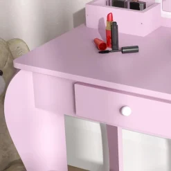 ZONEKIZ Homcom - Tocador infantil con espejo y taburete madera Rosa* Muñecas